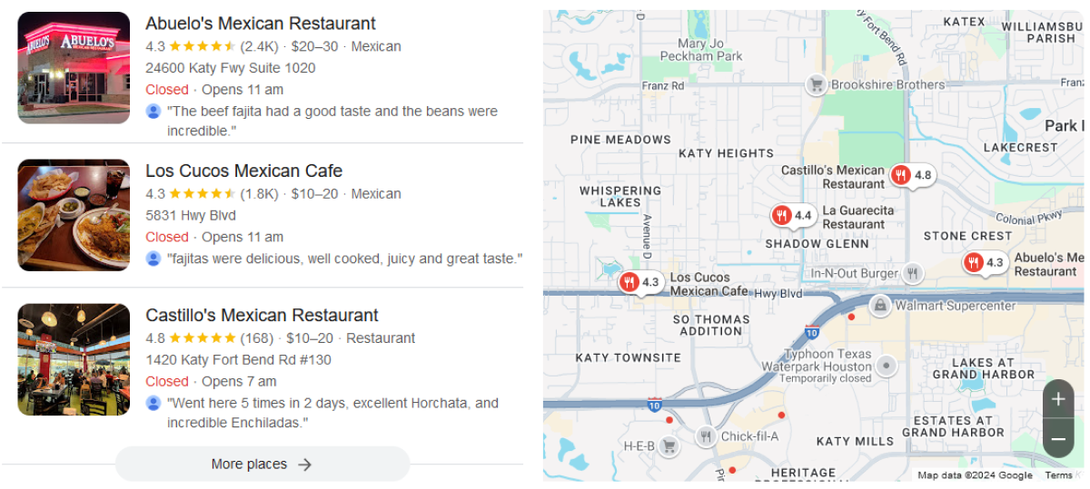 Google search results showing Mexican restaurants in Katy, Texas, with a map on the right.