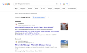 Google ads for self storage unit companies in search.
