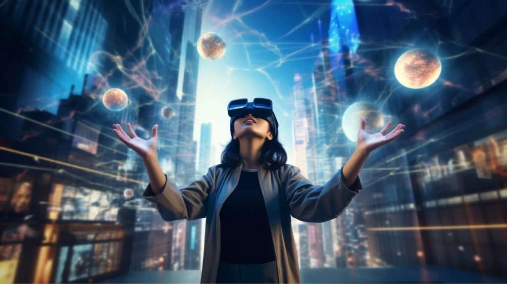 Woman in VR headset touching floating digital orbs against a city backdrop.