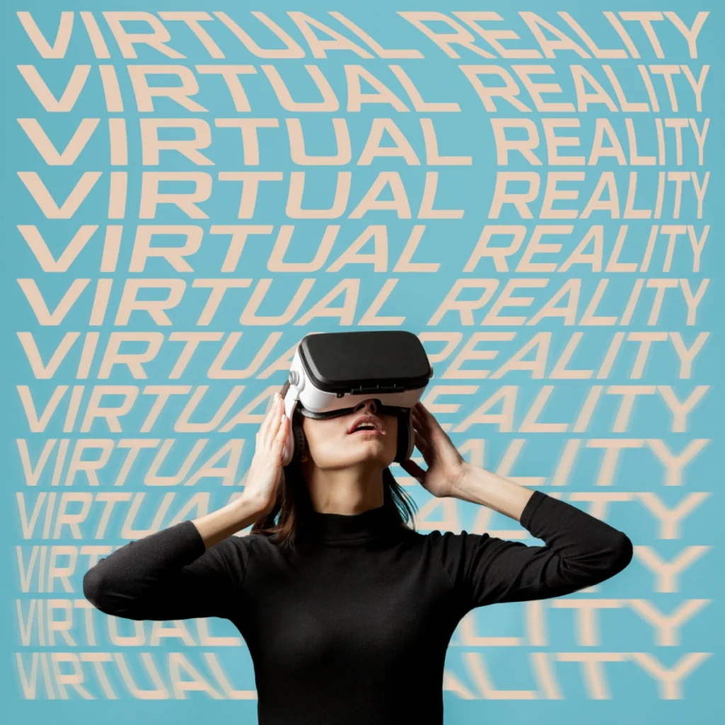 Woman with VR headset surrounded by 'Virtual Reality' text background.
