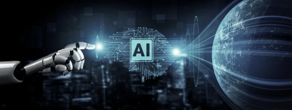 Robotic hand pointing towards an AI-branded digital brain near a glowing earth.