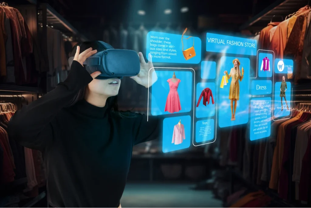 Woman in VR explores a digital fashion store display with clothes descriptions.