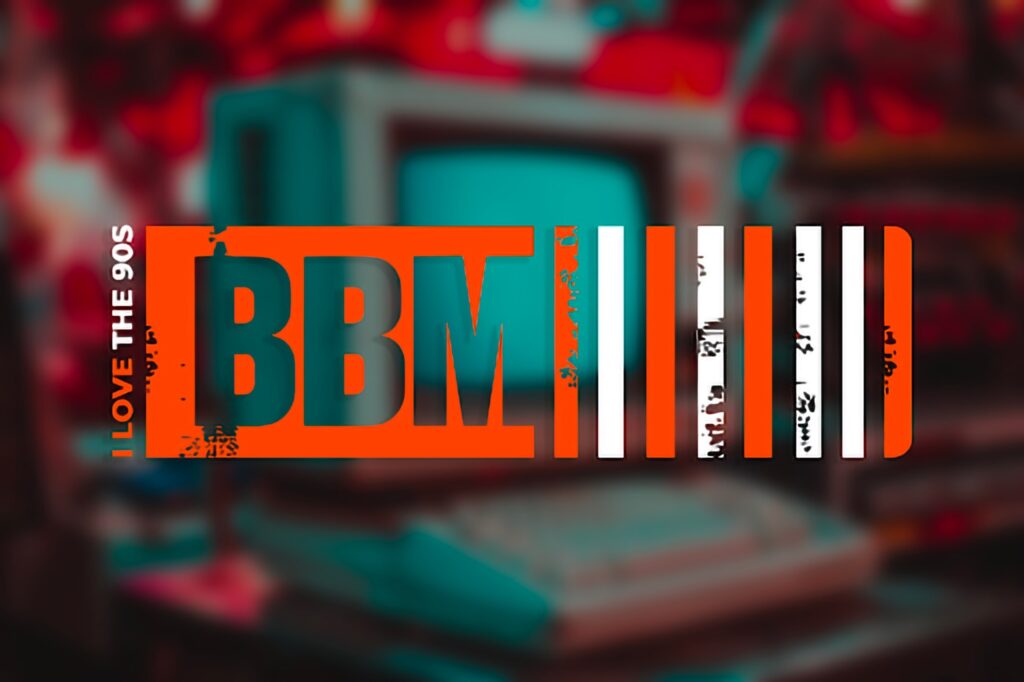 Bold 'BBM' text with distressed orange and white bars, accompanied by the phrase 'I Love the 90s,' set against a blurred retro computer background, evoking a nostalgic 90s aesthetic.