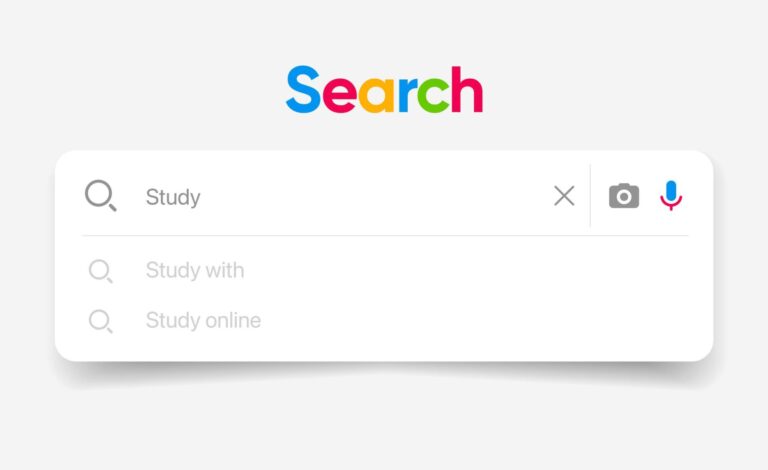 Search bar with the word 'Study' and search suggestions 'Study with' and 'Study online.