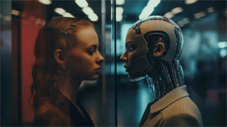 Human and robot facing each other.