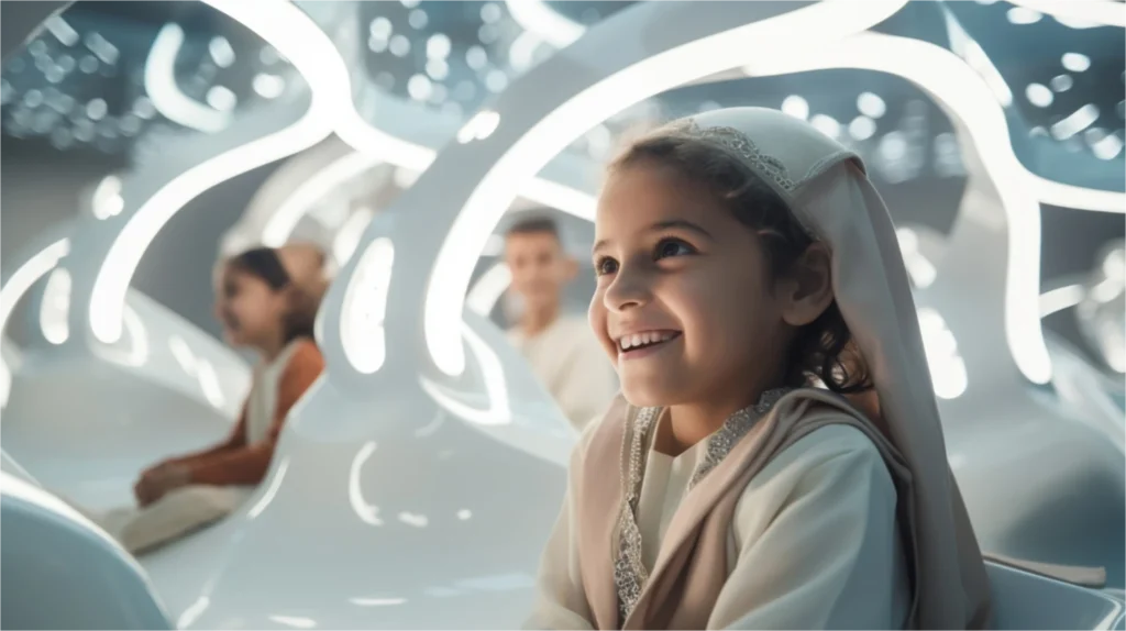 Smiling child in futuristic setting.