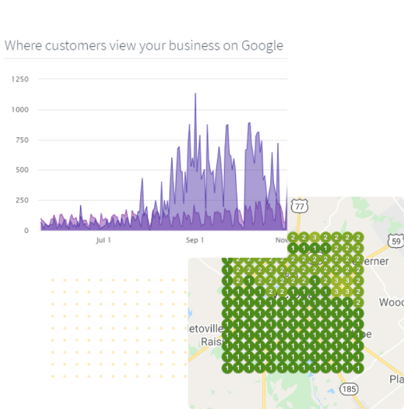 Google My Business data showing customer views in a graph and a map highlighting local visibility with rankings.