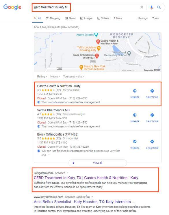 Google search results for GERD treatment in Katy, TX, showing local clinics and their details.