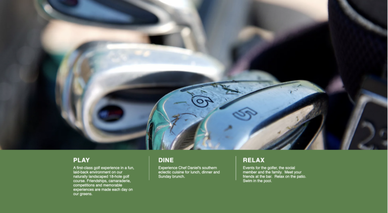 Close-up of golf clubs with a description highlighting play, dine, and relax activities.