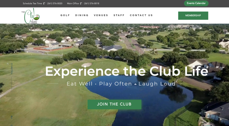 Aerial view of a golf course with text promoting The Club at Colony Creek membership.