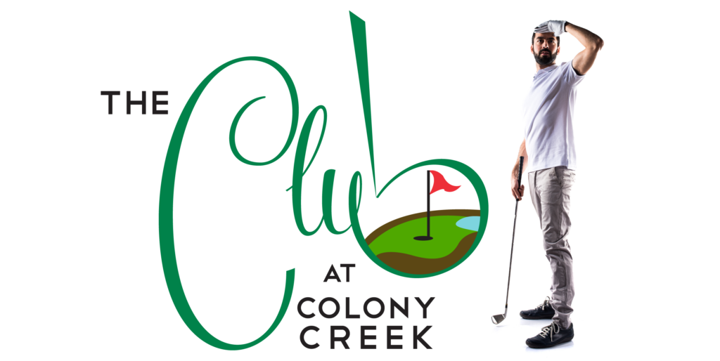 Logo of The Club at Colony Creek with a golfer standing beside it.