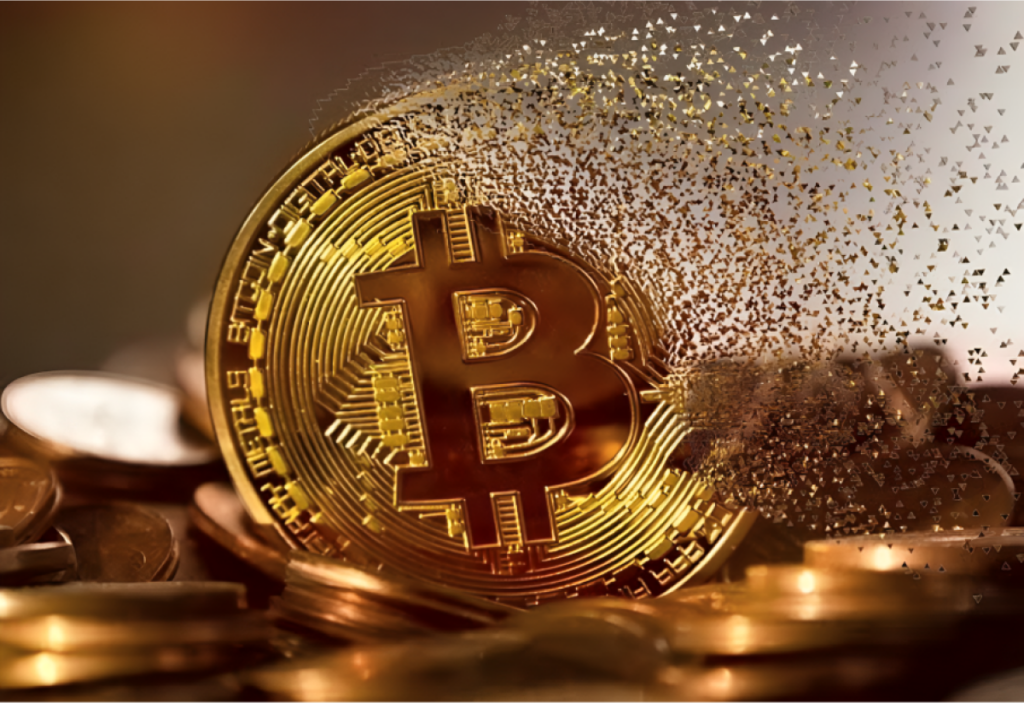 Bitcoin coin disintegrating into particles.