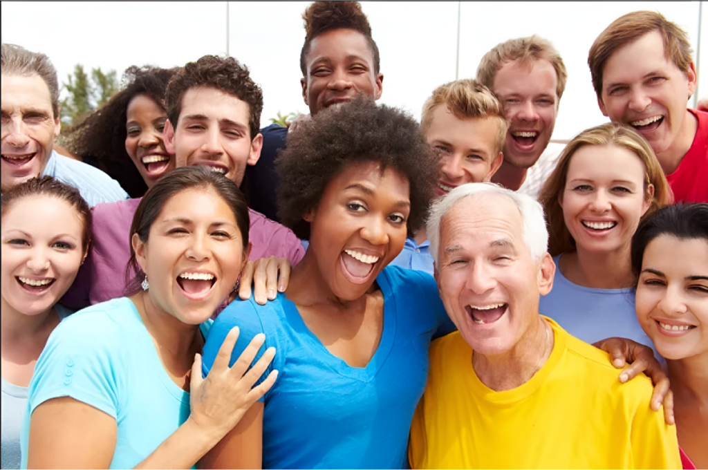 Diverse group of people smiling together.