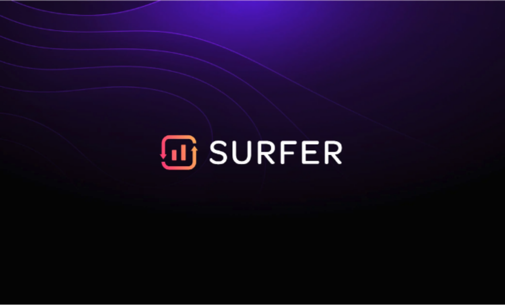 A minimalist logo for "Surfer" with a purple background and simple data-related design elements.