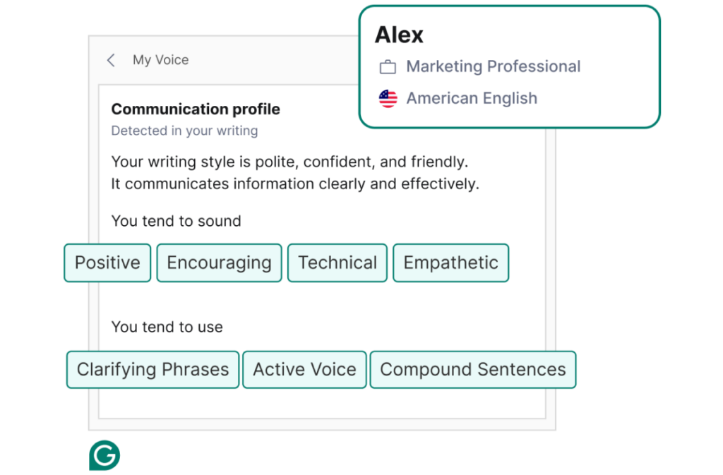 A personalized communication profile with insights into writing style, tone, and usage patterns.