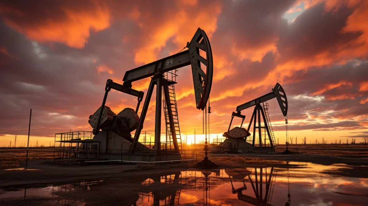 Oil pumps silhouetted against a dramatic sunset sky in the oil fields, creating a striking industrial landscape.