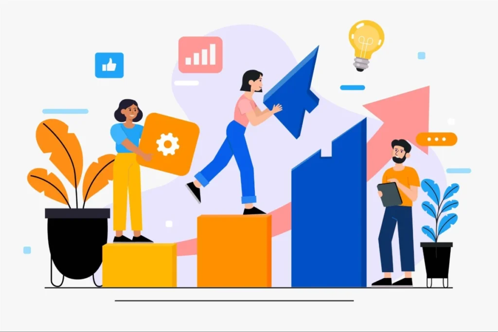 Team achieving growth and innovation goals