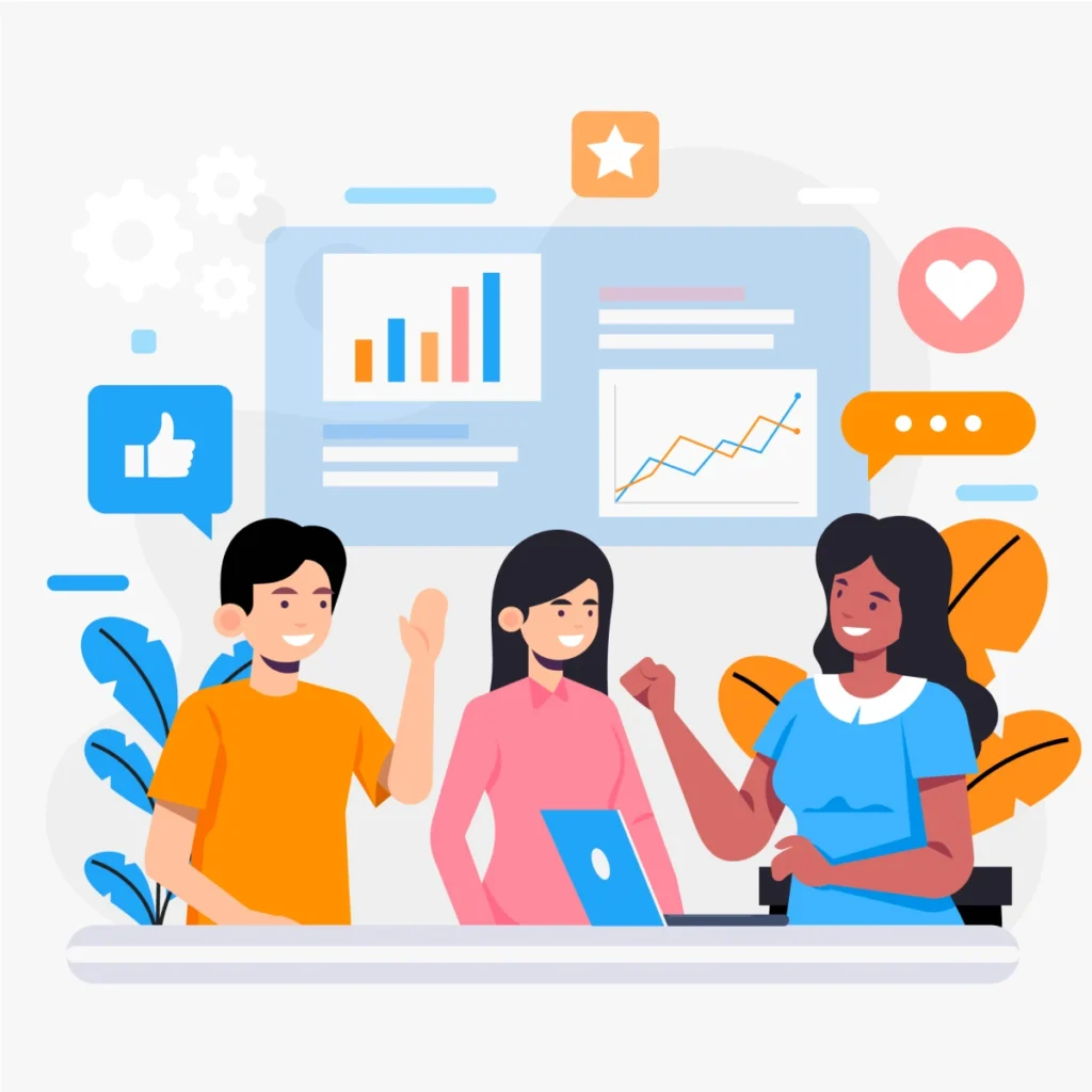 Team collaborating with charts and graphs.