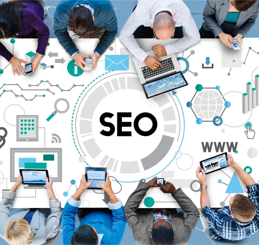 Business meeting discussing SEO analytics