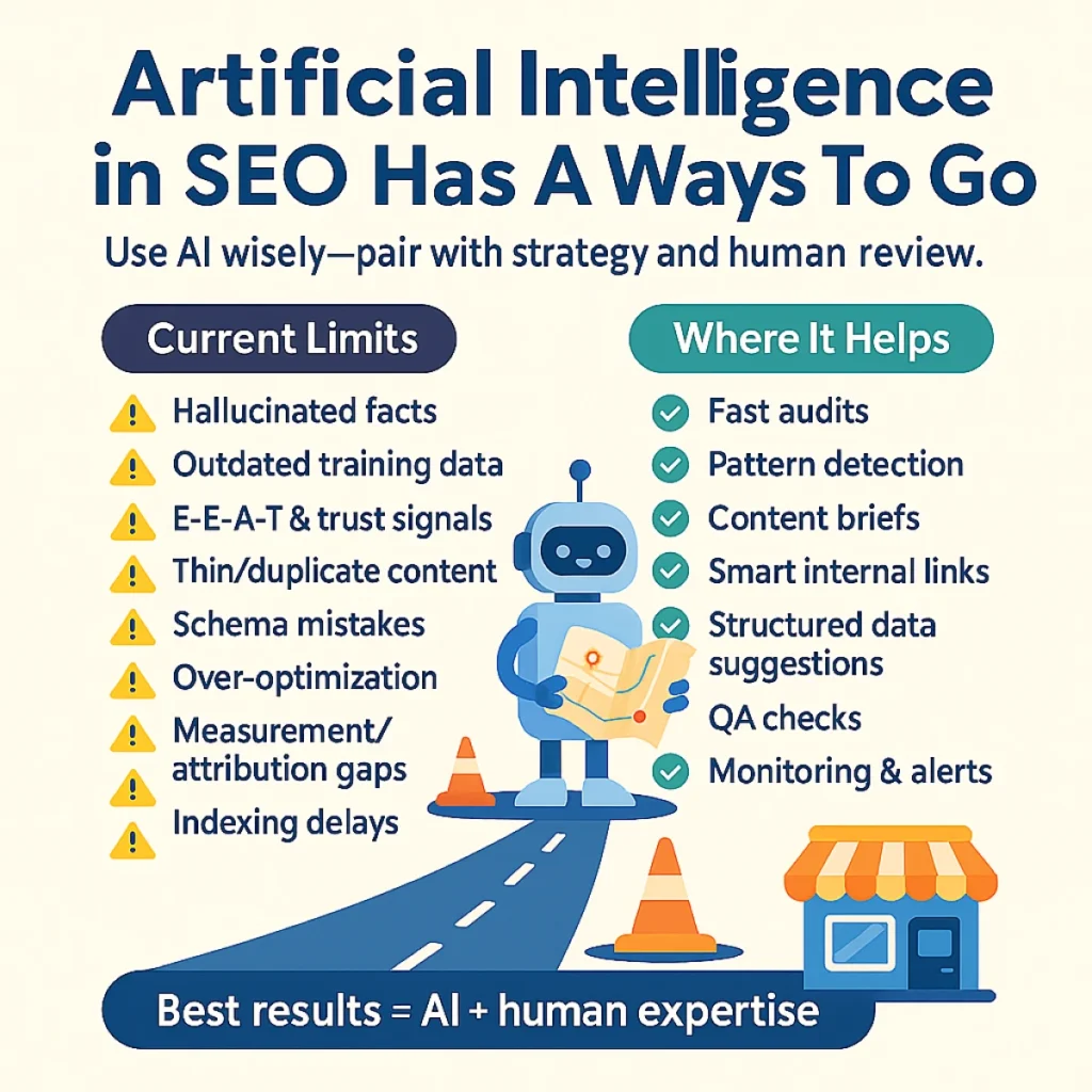 AI strengths and limits in SEO graphic