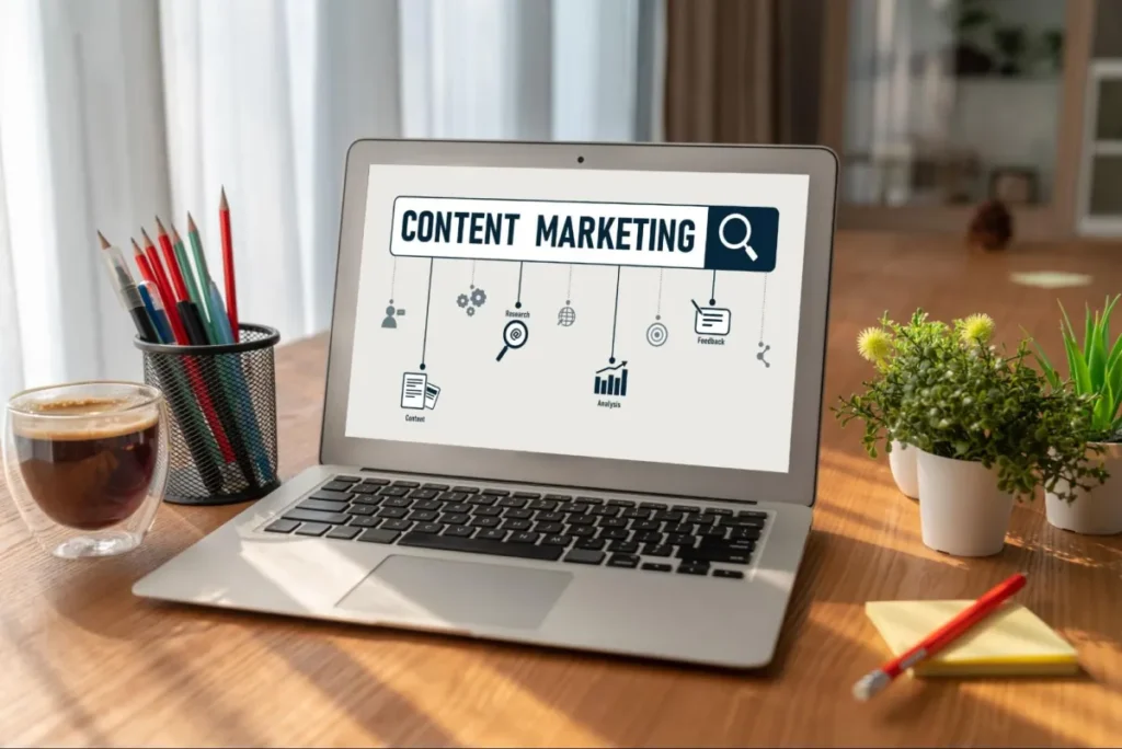 Laptop displaying content marketing strategy