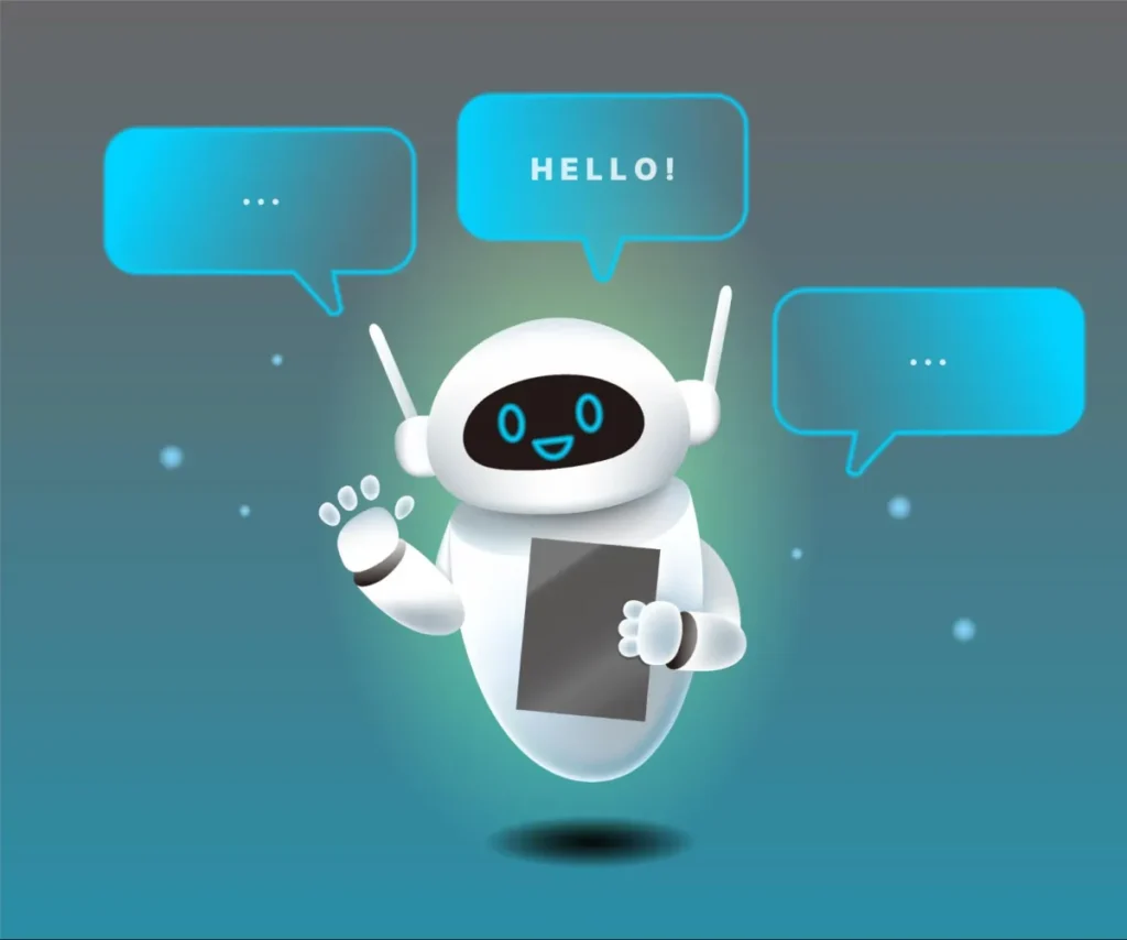 Friendly chatbot robot with message bubbles