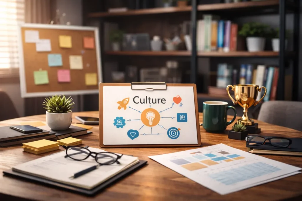 Office desk showcasing company culture diagram