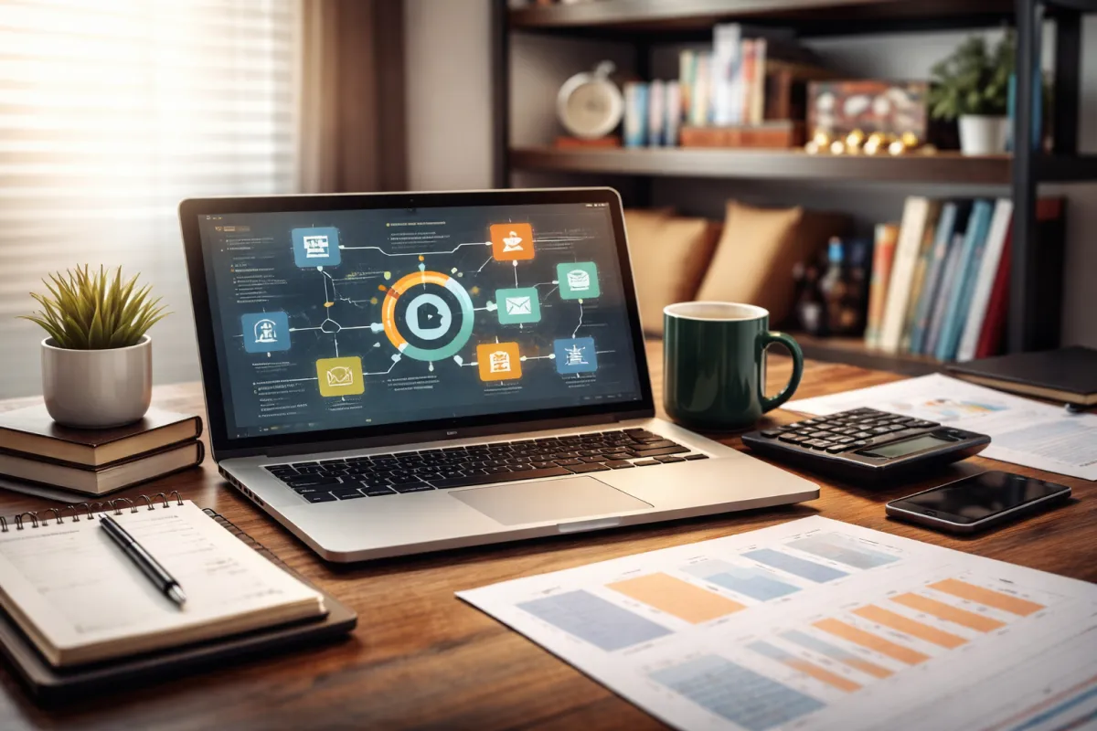 Laptop displaying digital business workflow dashboard