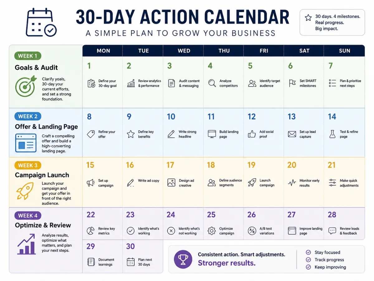 30-day marketing quick start calendar for small businesses.