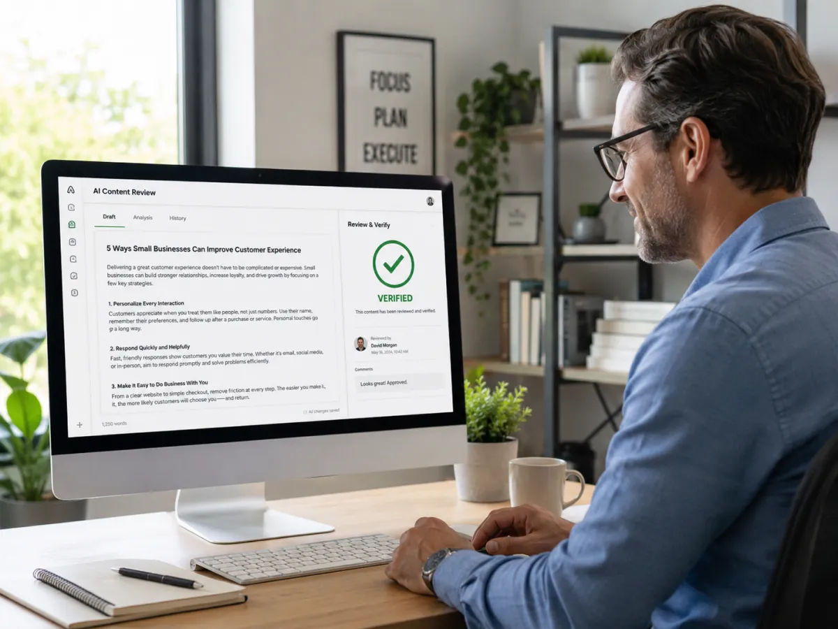 Business owner verifying AI-generated content for accuracy.