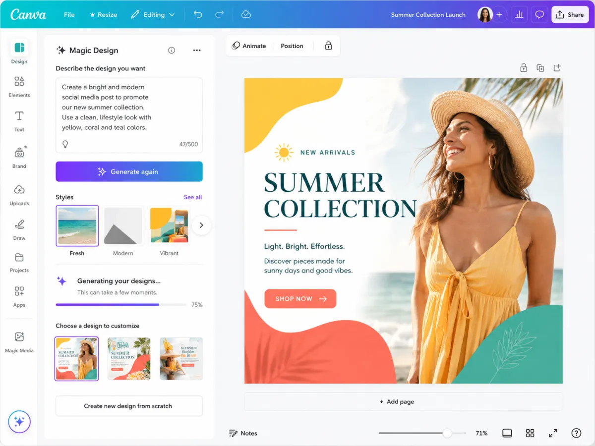 Canva AI creating social media graphic for free.