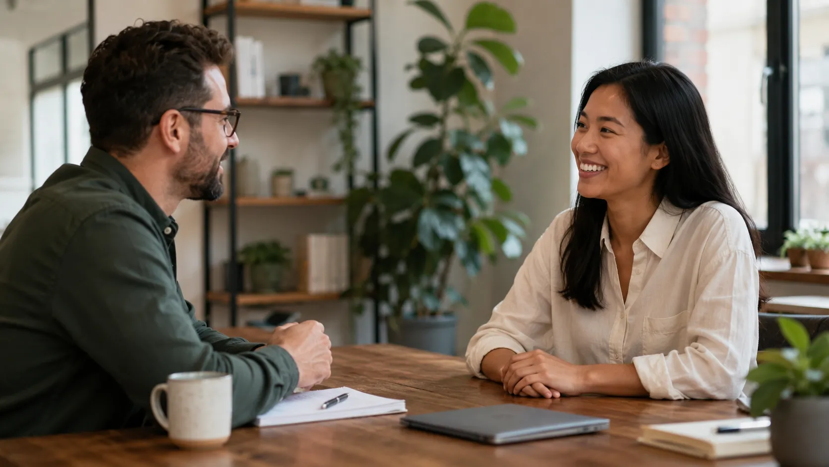 Small business hiring manager interviewing a candidate in a relaxed setting.