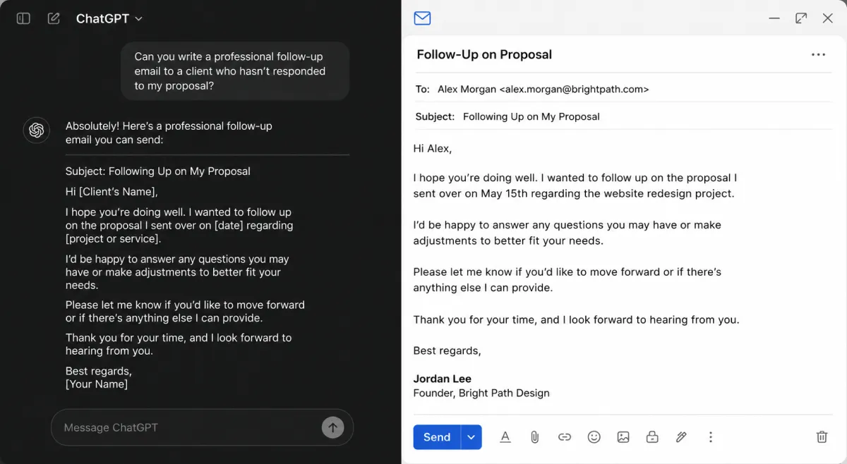 ChatGPT generating marketing email for small business.