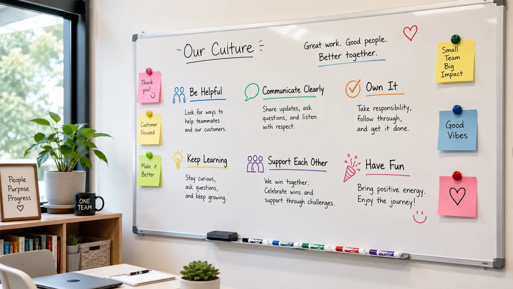 Simple company culture values written on a whiteboard for a small team.