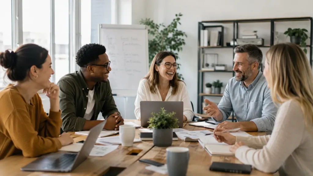 Engaged small business team collaborating and laughing in a meeting.