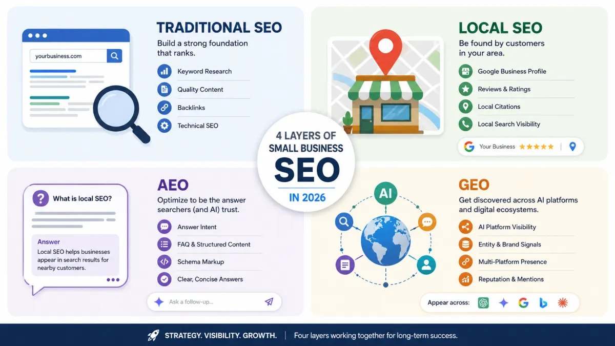 Four layers of small business SEO in 2026: traditional, local, AEO, and GEO.