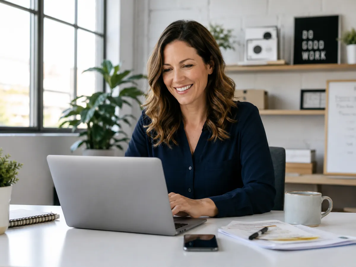 Small business owner using free AI tools on laptop