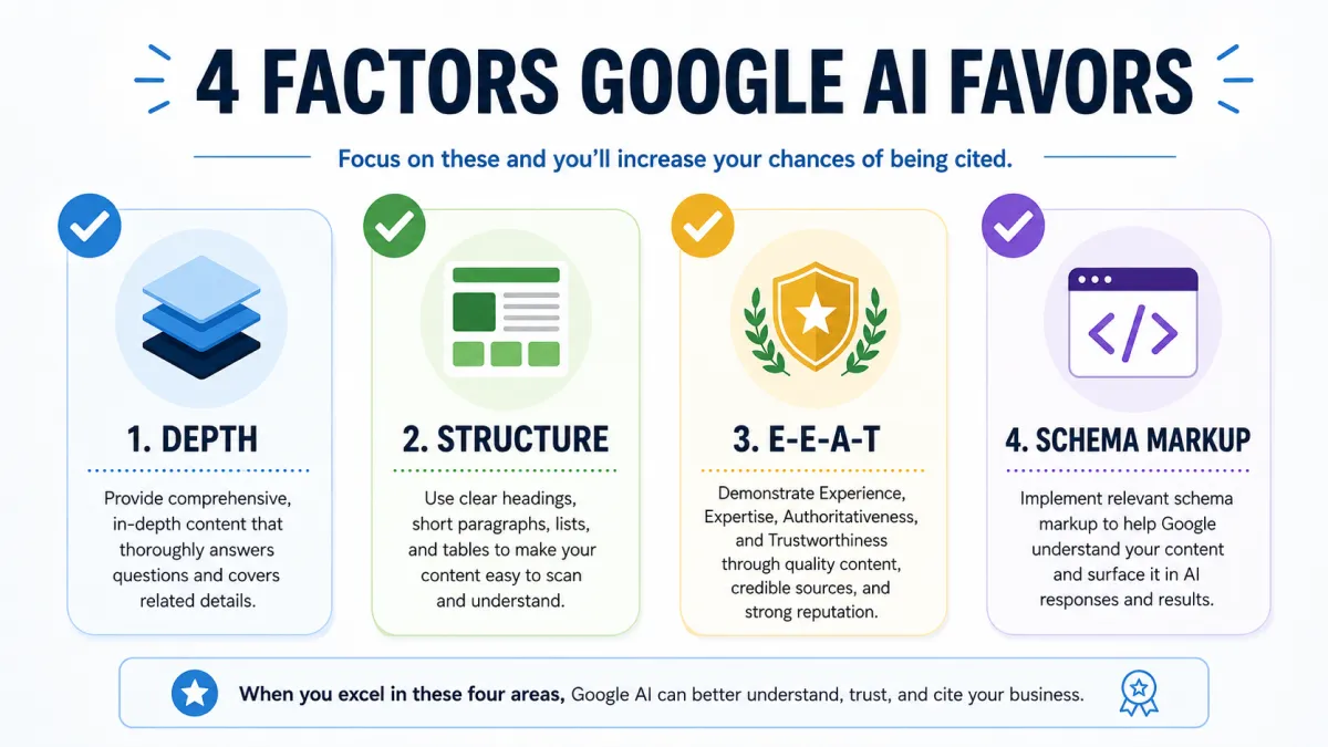 A checklist graphic showing the 4 factors Google AI favors: depth, structure, E-E-A-T, schema markup.