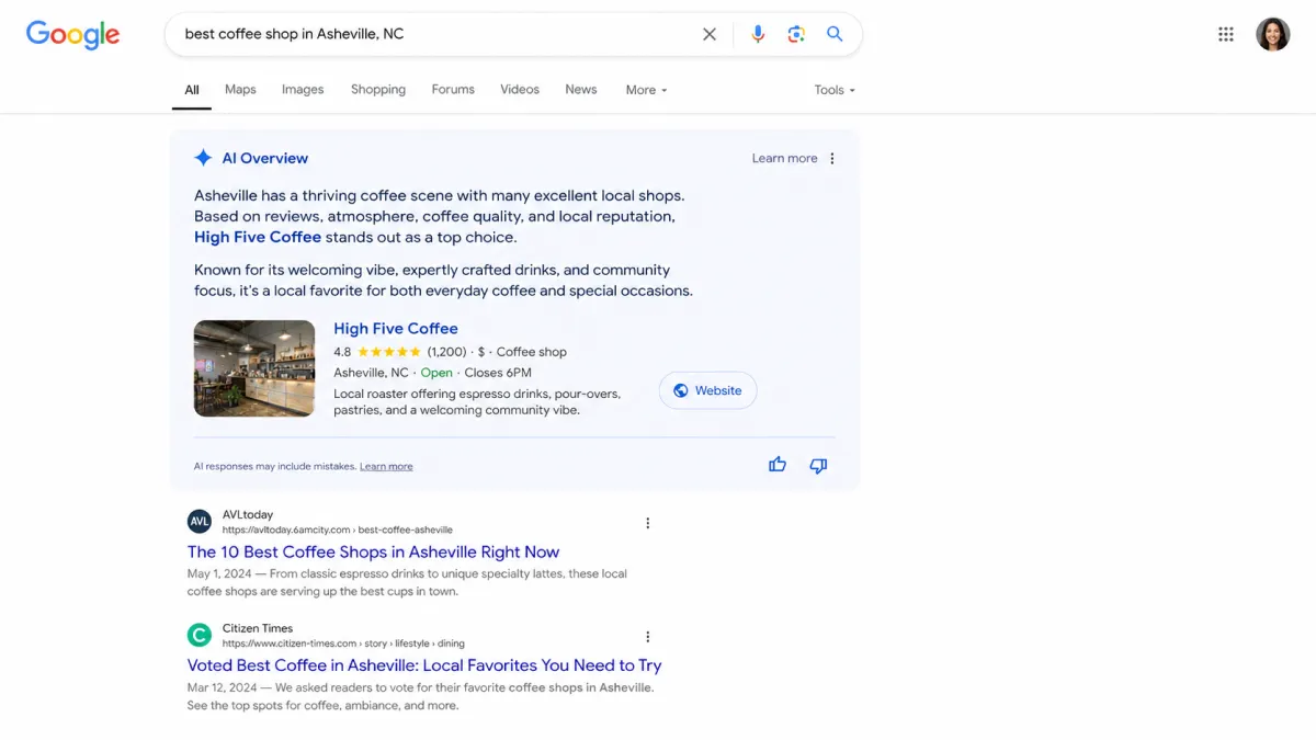 Google AI Overview citing a local business above traditional search results