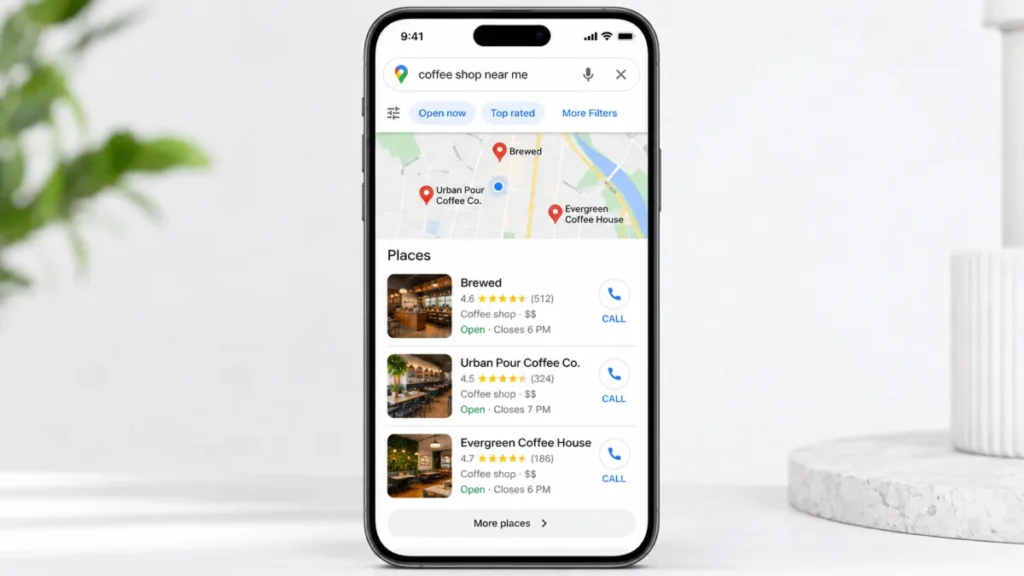 Google Maps local pack showing three businesses on a smartphone screen.