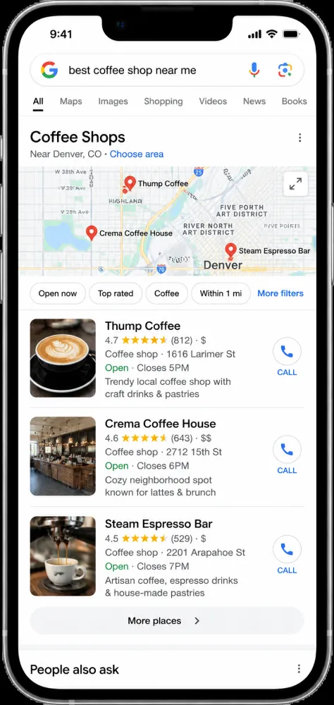 Google Maps local pack showing three businesses on a smartphone screen.