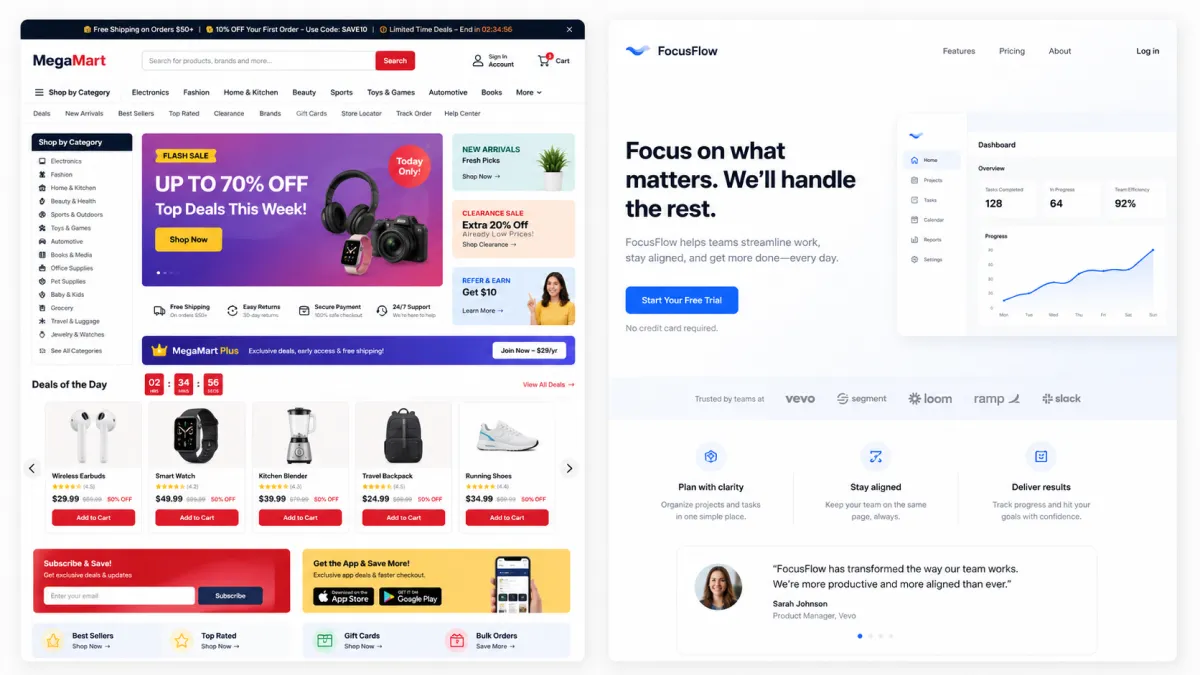 Comparison of a cluttered homepage vs a focused ad landing page.