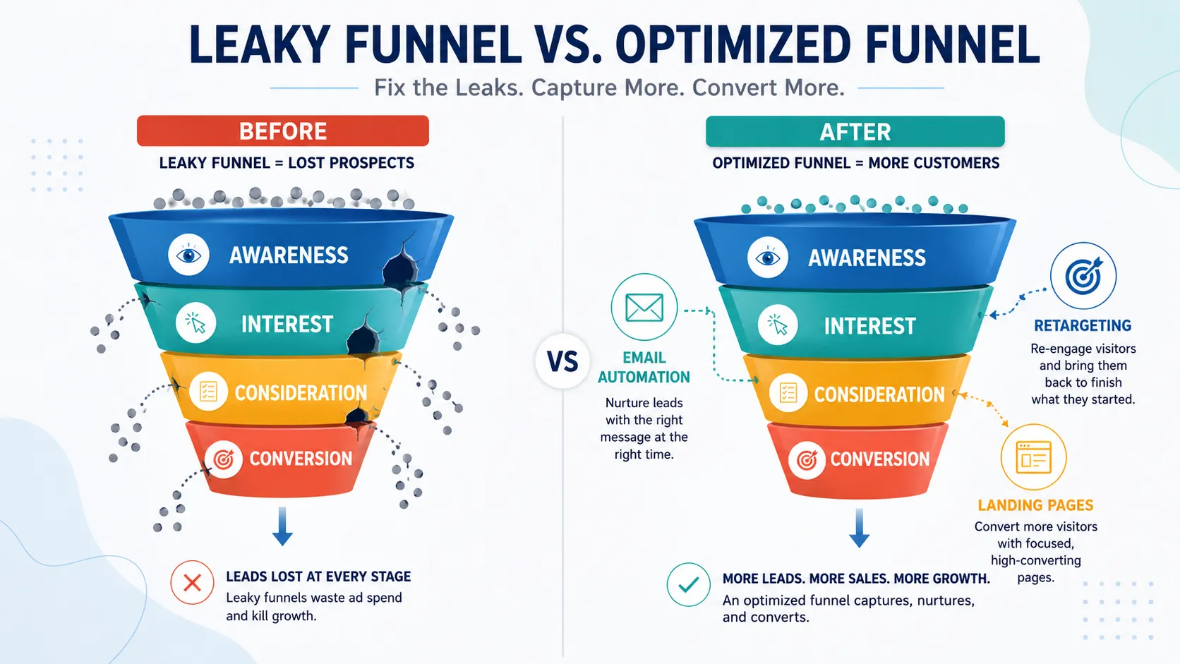 Comparison of a leaky marketing funnel vs an optimized one.