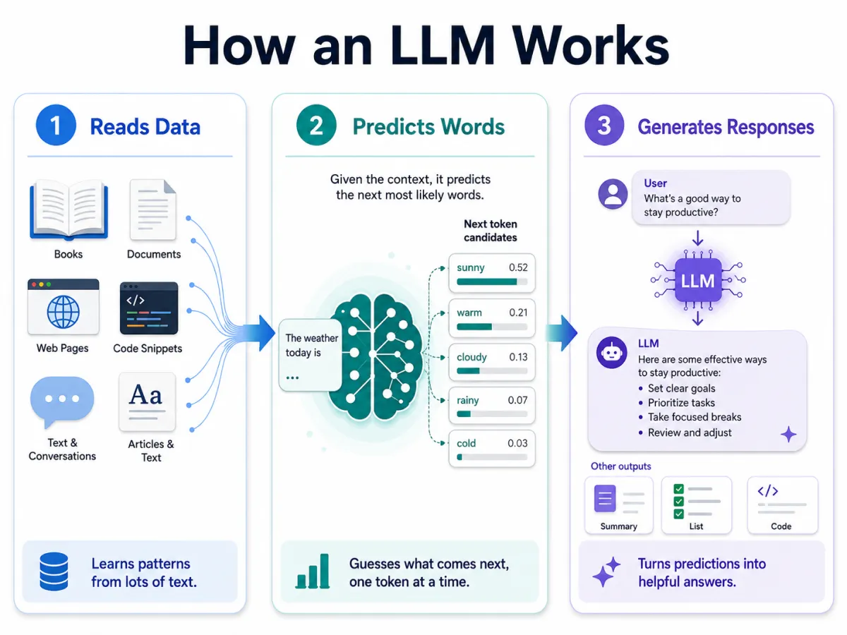 Three steps showing how large language models generate text