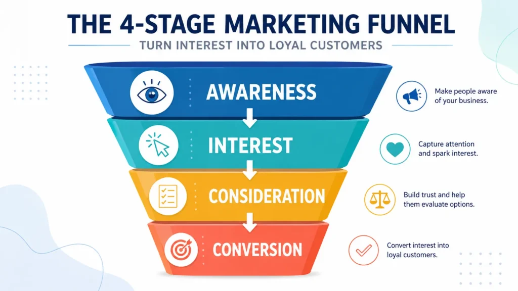 Four-stage marketing funnel from awareness to conversion for small business.