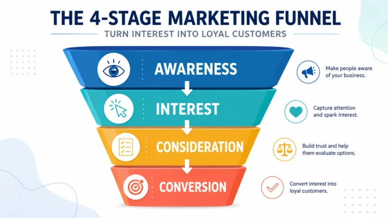Four-stage marketing funnel from awareness to conversion for small business.