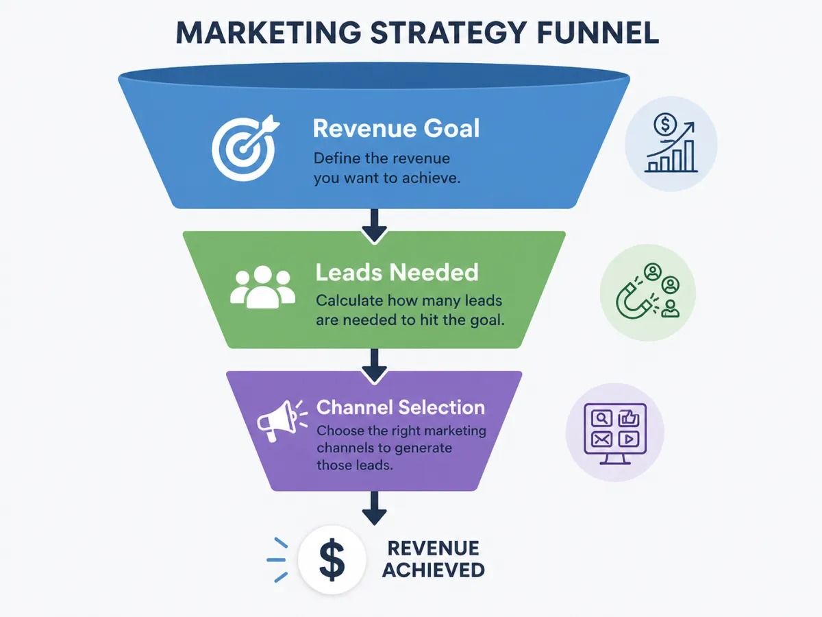Marketing strategy funnel showing revenue goal to channel selection.