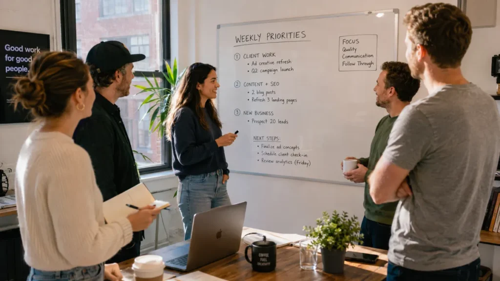 Small agency team in a focused Monday morning meeting around a whiteboard.
