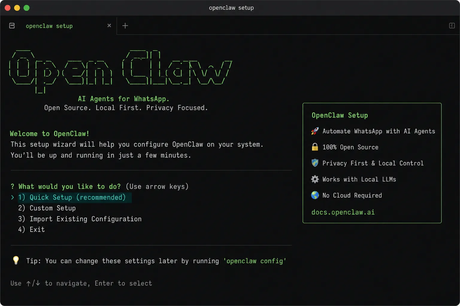 OpenClaw onboarding wizard terminal setup screen.