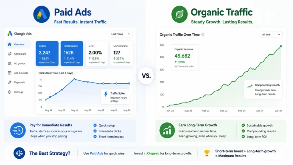 Comparison of paid ads speed vs organic traffic long-term growth.